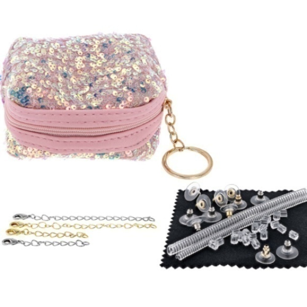 Jewelry Essentials Kit With Pink Sequin Zippered Pouch